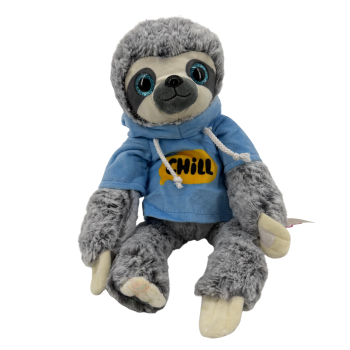 Faultier Plüschtier mit blauem Hoodie „CHILL“ – sitzend ca. 30 cm (stehend ca. 50 cm), lustiges Kuscheltier zum Dekorieren oder Verschenken.